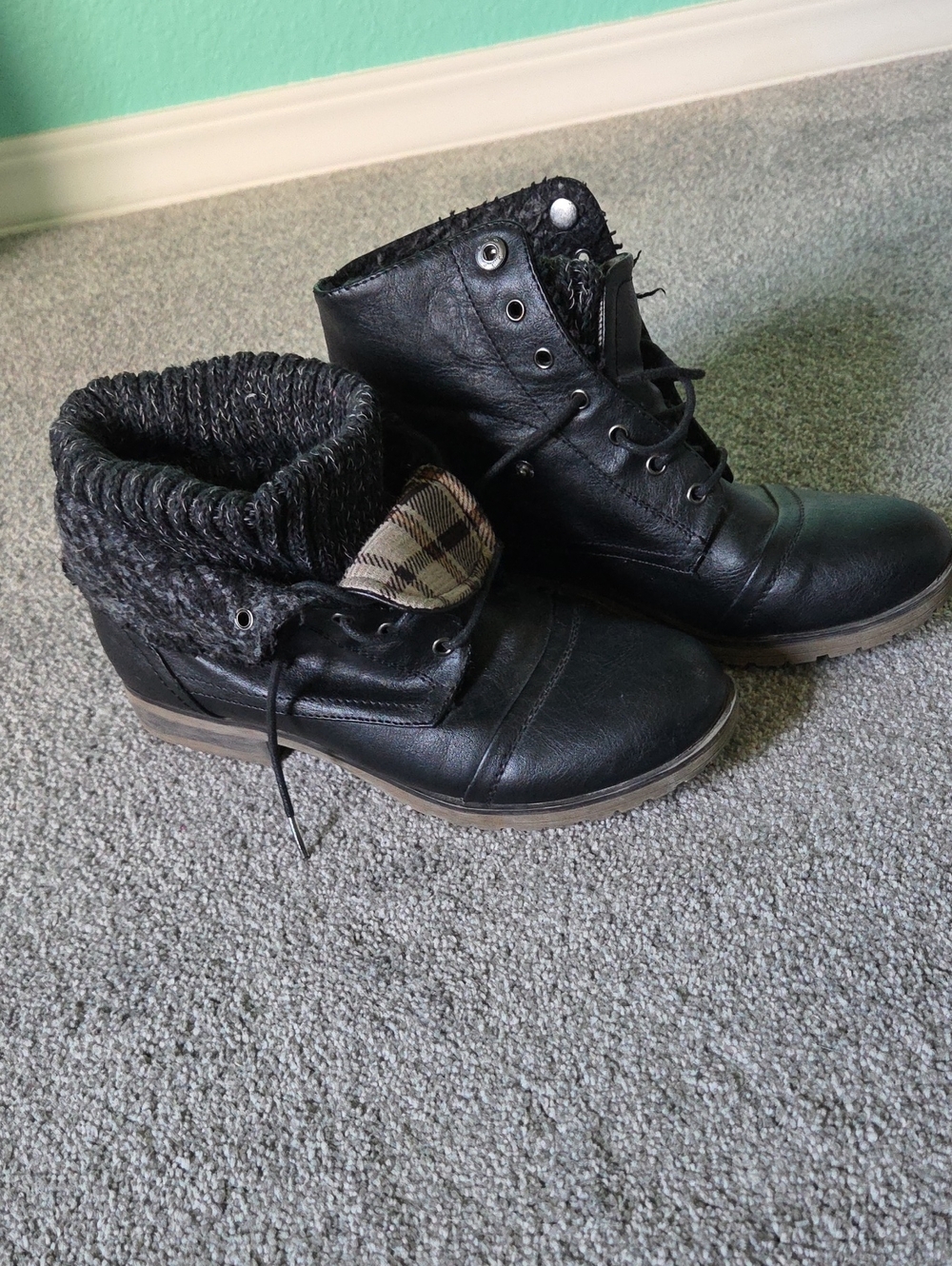 Refresh Black Lace-Up Fold-Over Ankle Boots with Knit Cuff